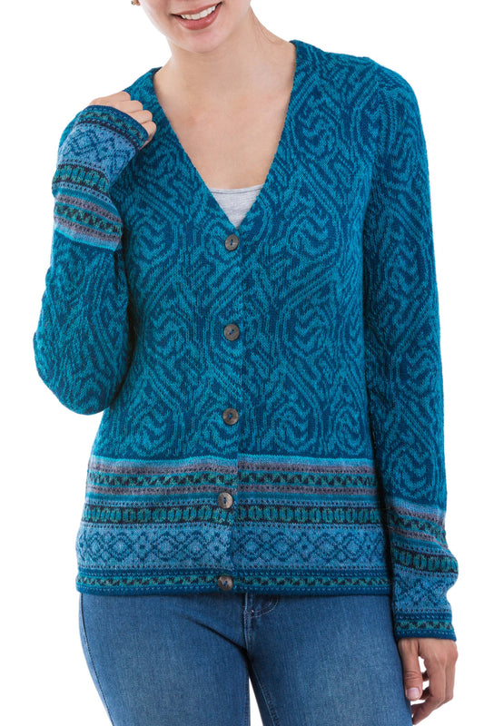 Dreamy Blues Teal 100% Alpaca Wool Cardigan Sweater from Peru