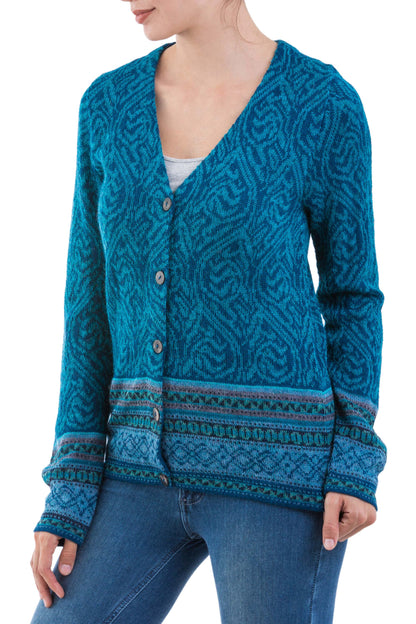 Dreamy Blues Teal 100% Alpaca Wool Cardigan Sweater from Peru