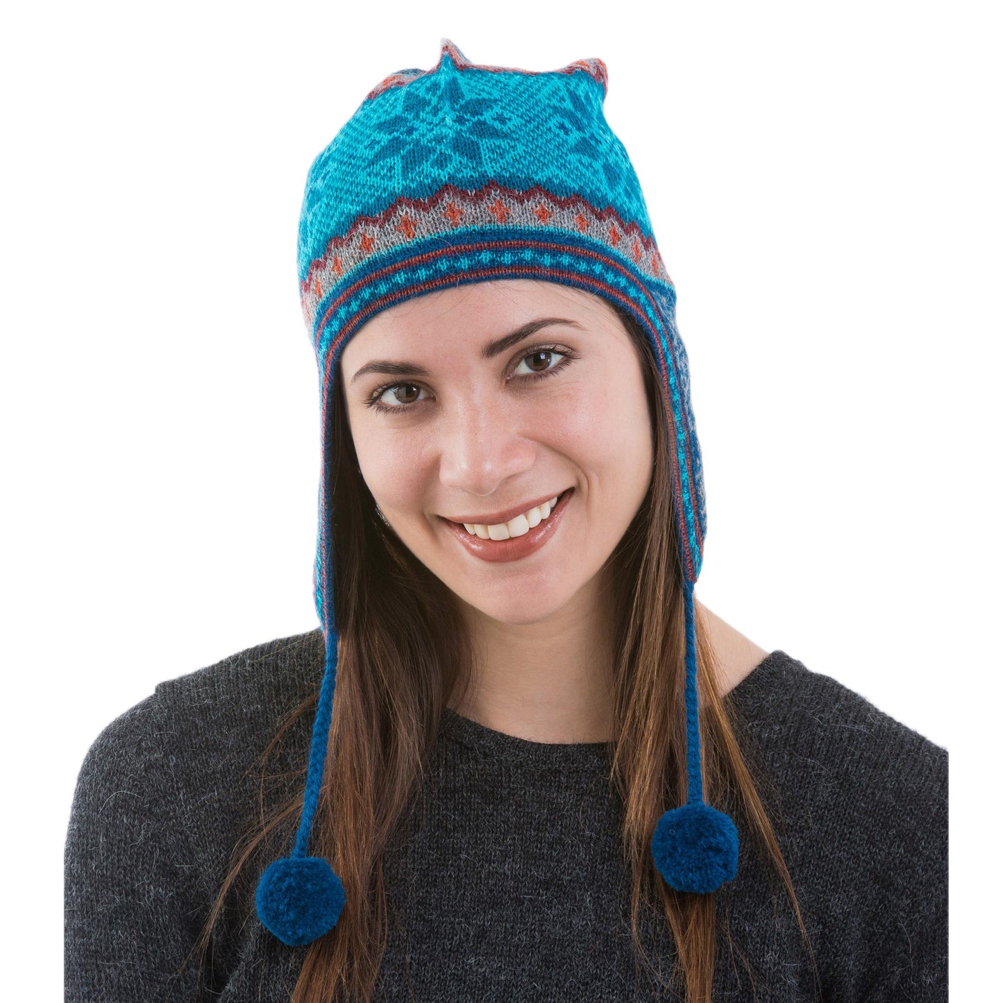Andean Snowfall Alpaca Chullo Hat in Azure and Smoke from Peru