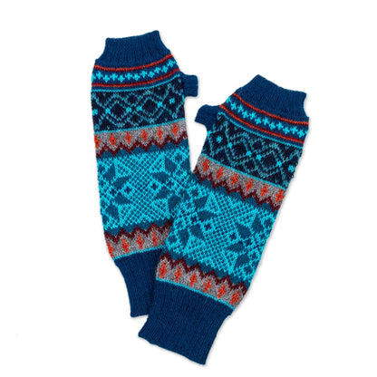 Andean Snowfall 100% Alpaca Fingerless Gloves in Azure and Smoke from Peru