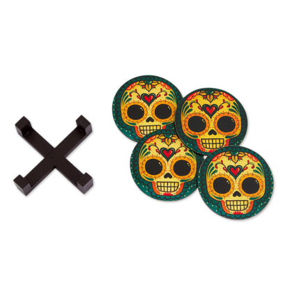 Loving Skull 4 Day of the Dead Smiling Skulls Decoupage Wood Coaster Set