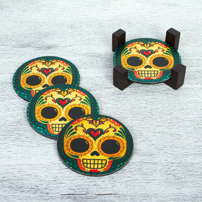 Loving Skull 4 Day of the Dead Smiling Skulls Decoupage Wood Coaster Set