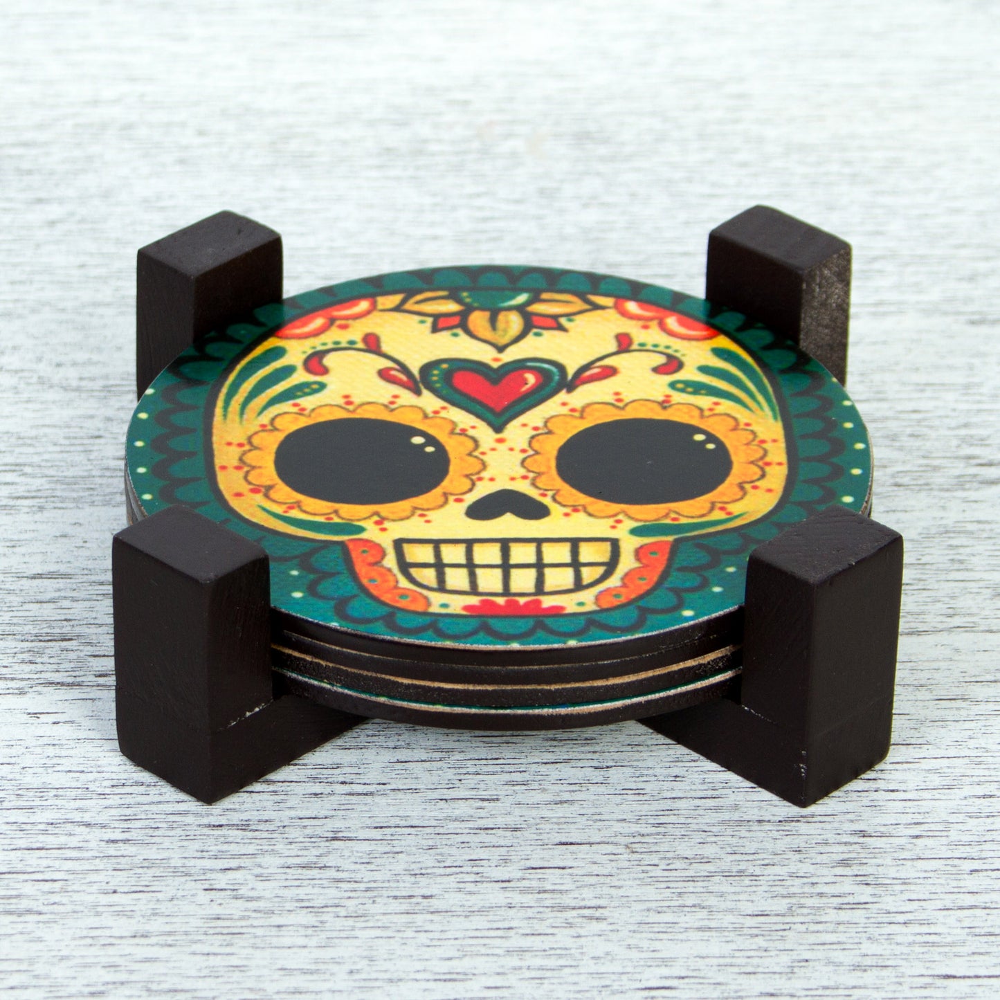 Loving Skull 4 Day of the Dead Smiling Skulls Decoupage Wood Coaster Set