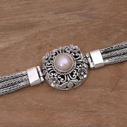 Floral Nobility Pearl & Silver Floral Pendant Bracelet