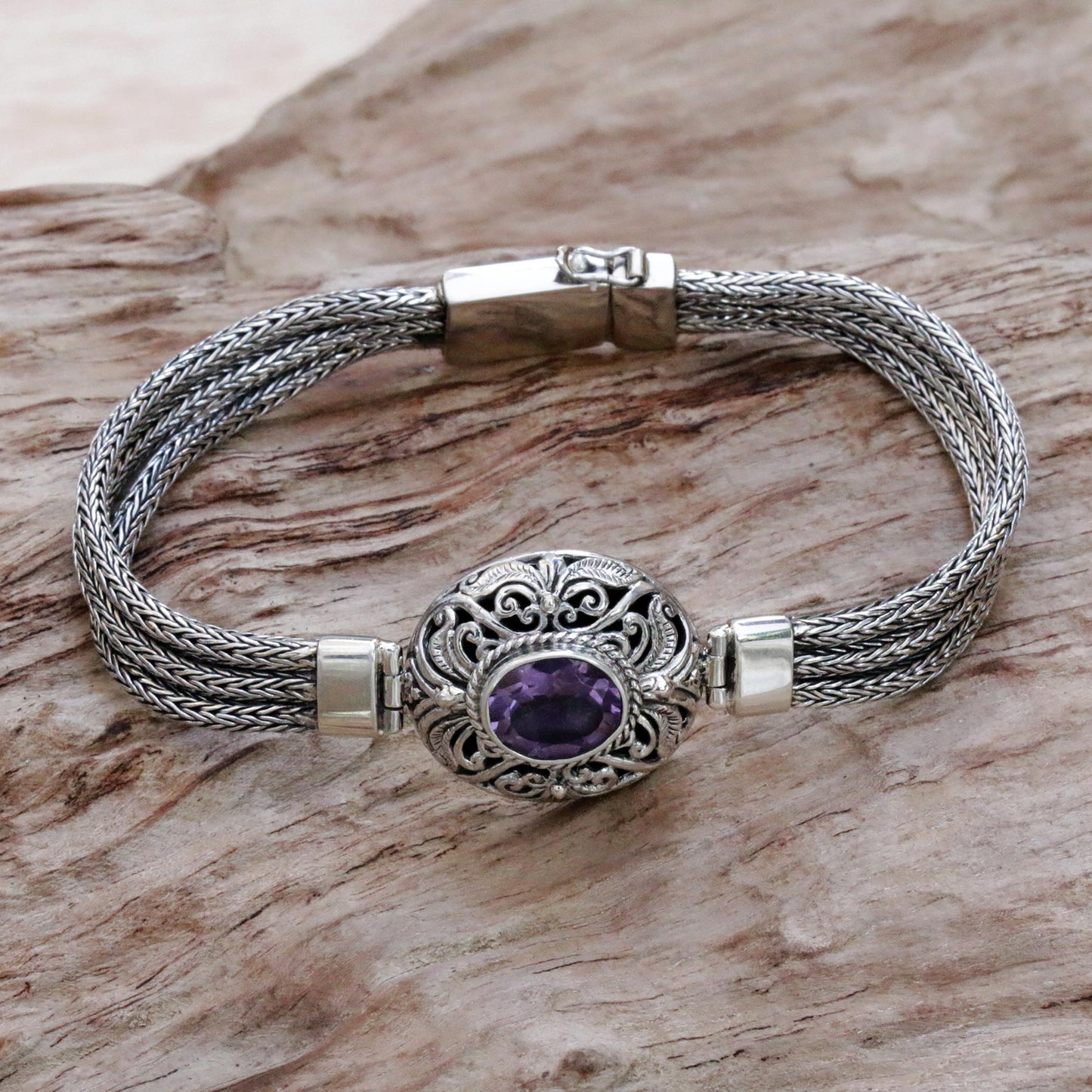 Faith Protector Sterling Silver and Amethyst Pendant Bracelet from Indonesia