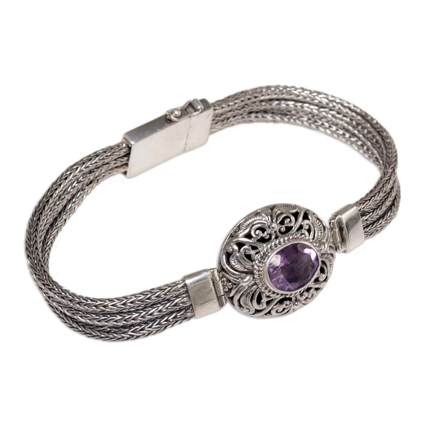 Faith Protector Sterling Silver and Amethyst Pendant Bracelet from Indonesia