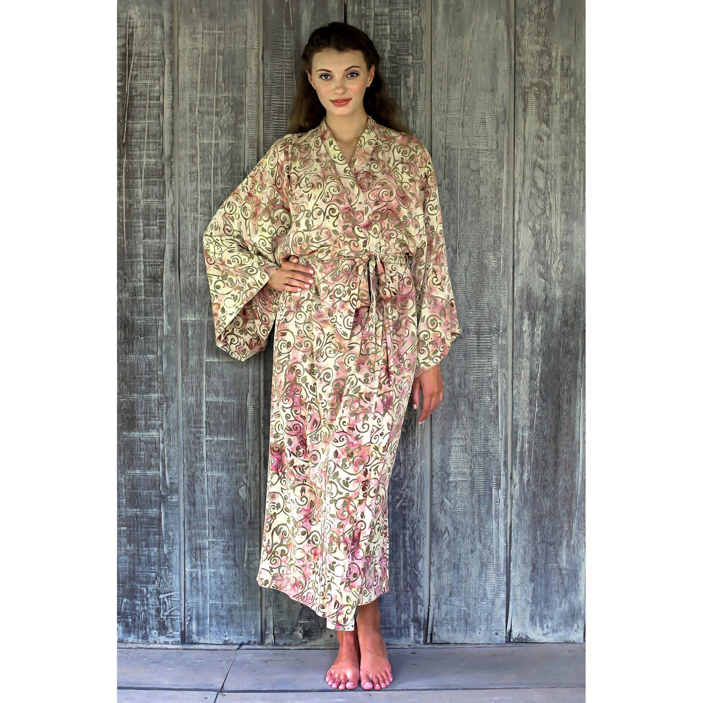 Grand Floral Beige Rayon Batik Robe