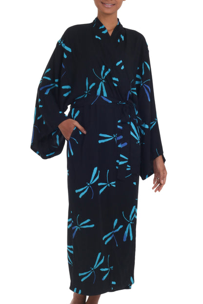 Night Dragonflies Handcrafted Black Batik Robe with Dragonflies from Bali