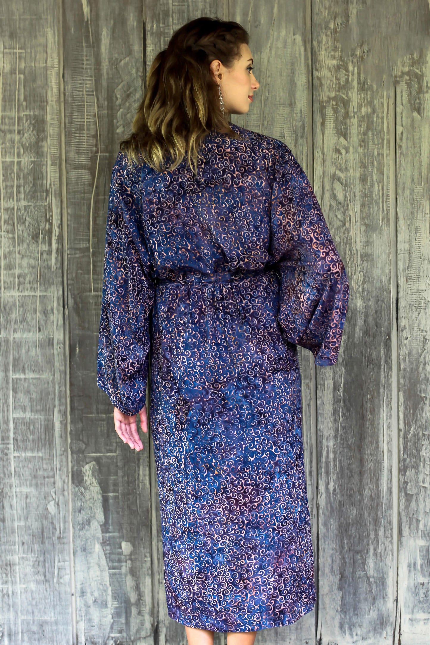 Bewildering Maze Handcrafted Blue & Peach Batik Rayon Robe from Indonesia