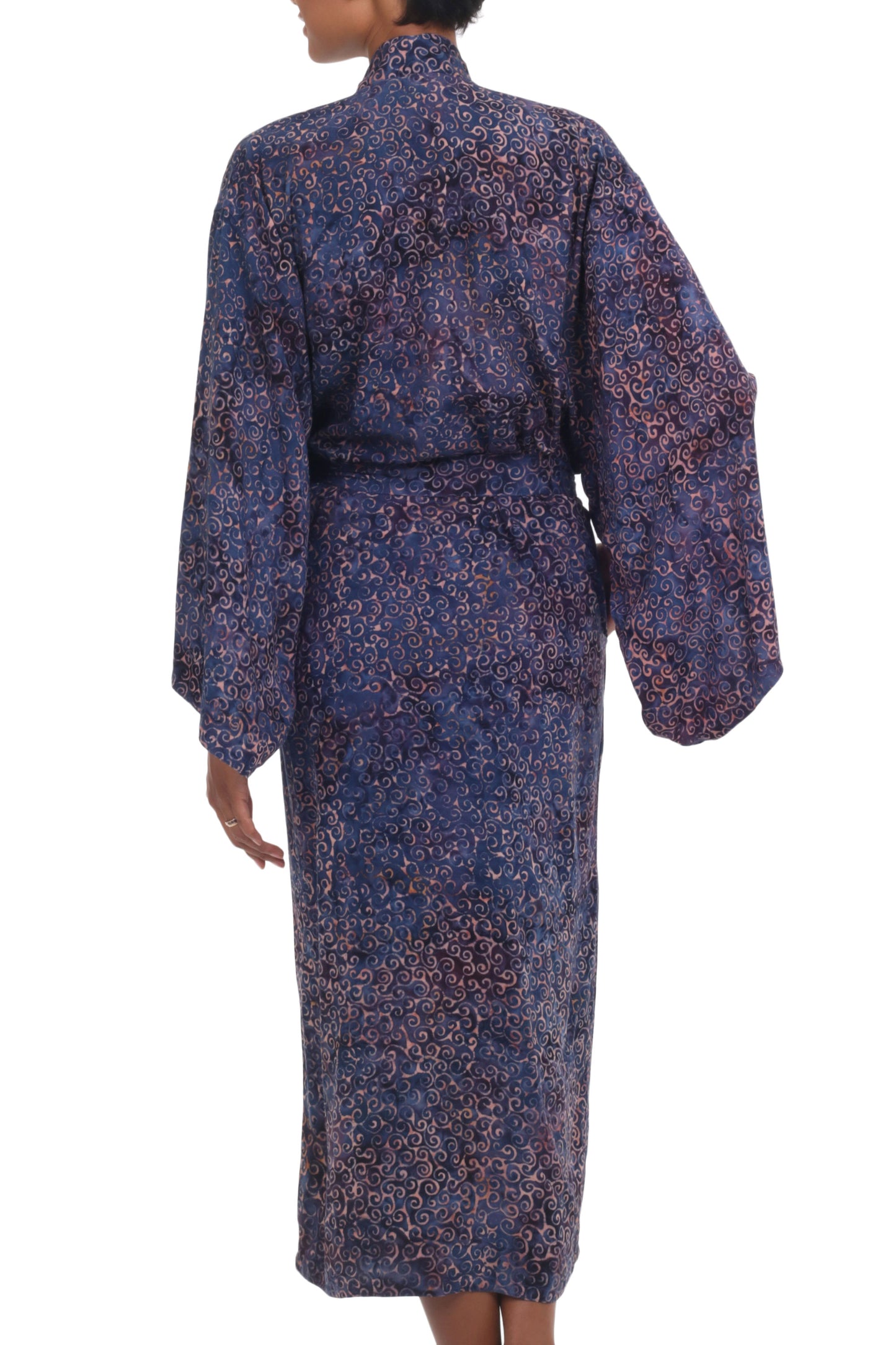 Bewildering Maze Handcrafted Blue & Peach Batik Rayon Robe from Indonesia