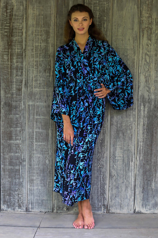 Twilight Roses Rayon Black Long Robe with Blue Purple Batik Floral Print