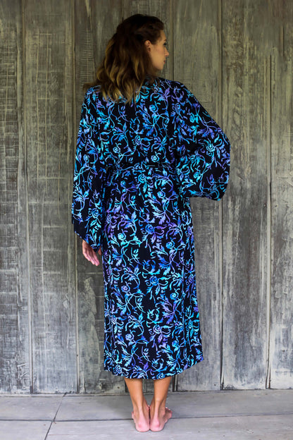 Twilight Roses Rayon Black Long Robe with Blue Purple Batik Floral Print