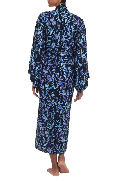 Twilight Roses Rayon Black Long Robe with Blue Purple Batik Floral Print