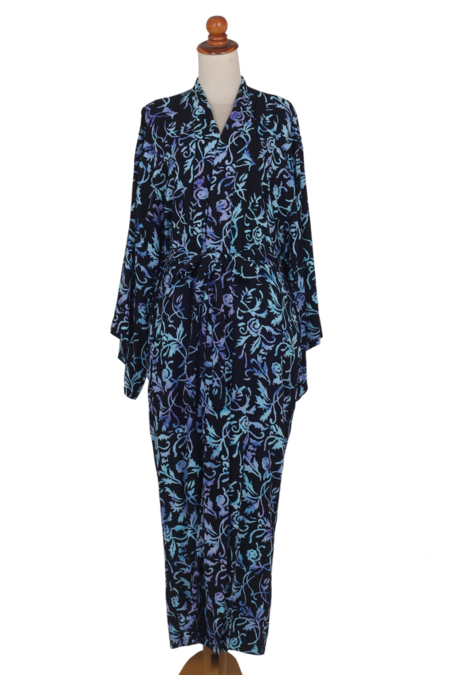 Twilight Roses Rayon Black Long Robe with Blue Purple Batik Floral Print