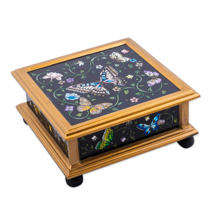 Midnight Garden Black Reverse-Painted Glass Decorative Box with Butterflies