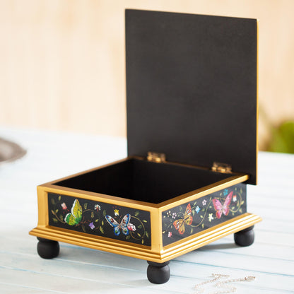 Midnight Garden Black Reverse-Painted Glass Decorative Box with Butterflies