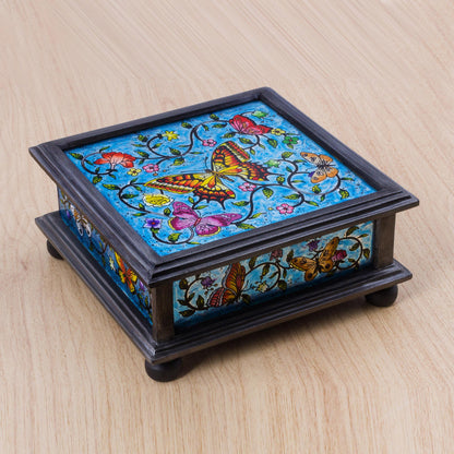 Blue Winter Butterflies Reverse Painted Glass Blue Decorative Box with Butterflies