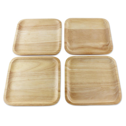 Natural Squares 4 Artisan Crafted Wood Square Plates Hand Carved in Thailand