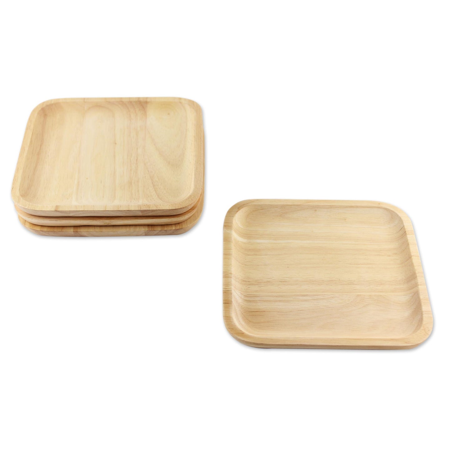 Natural Squares 4 Artisan Crafted Wood Square Plates Hand Carved in Thailand