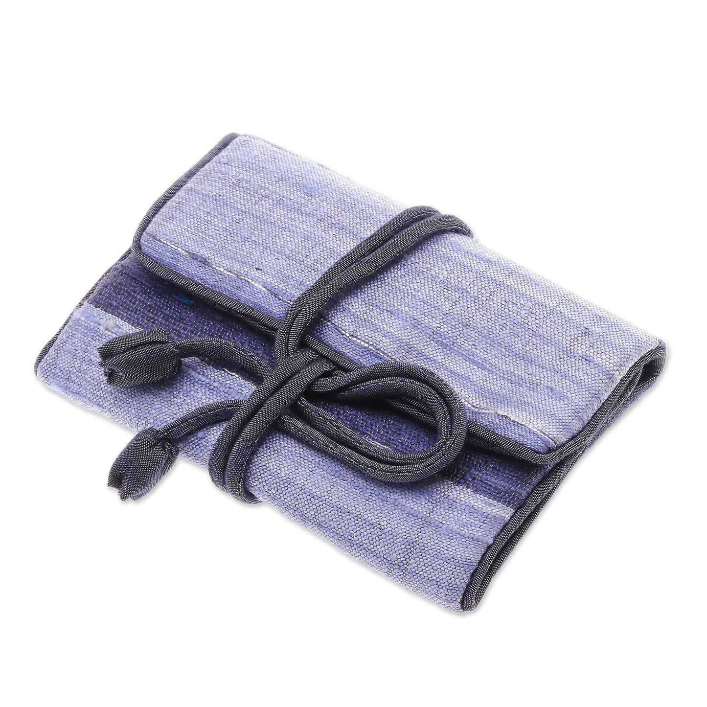Happy Travels in Black Handwoven Silk and Rayon Jewelry Roll from Thailand