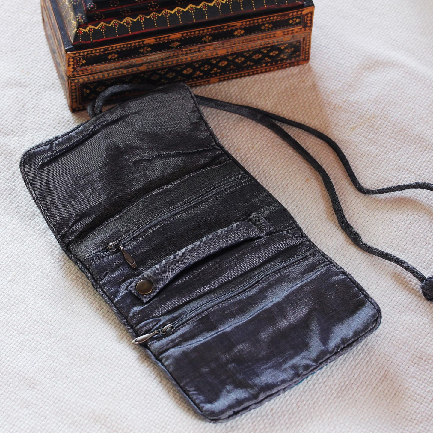 Happy Travels in Black Handwoven Silk and Rayon Jewelry Roll from Thailand