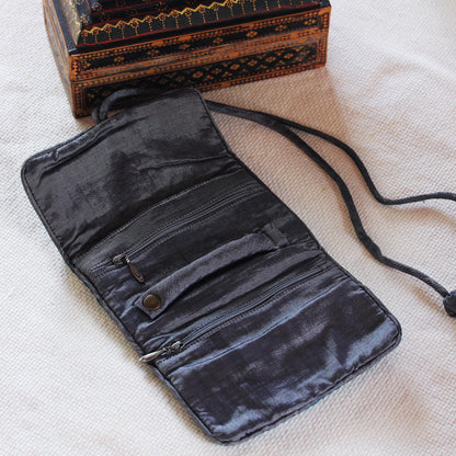 Happy Travels in Black Handwoven Silk and Rayon Jewelry Roll from Thailand