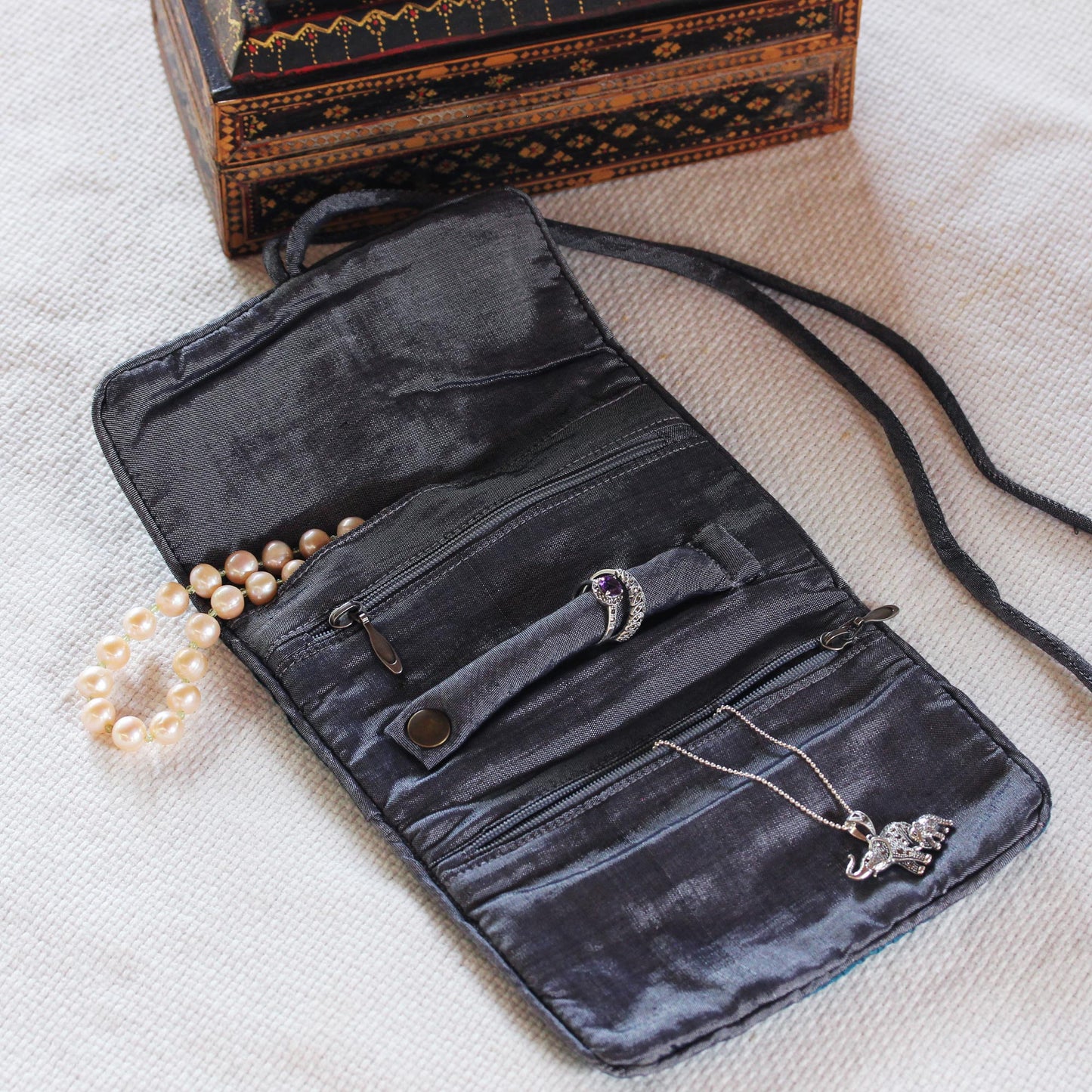 Happy Travels in Black Handwoven Silk and Rayon Jewelry Roll from Thailand