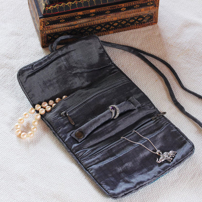 Happy Travels in Black Handwoven Silk and Rayon Jewelry Roll from Thailand