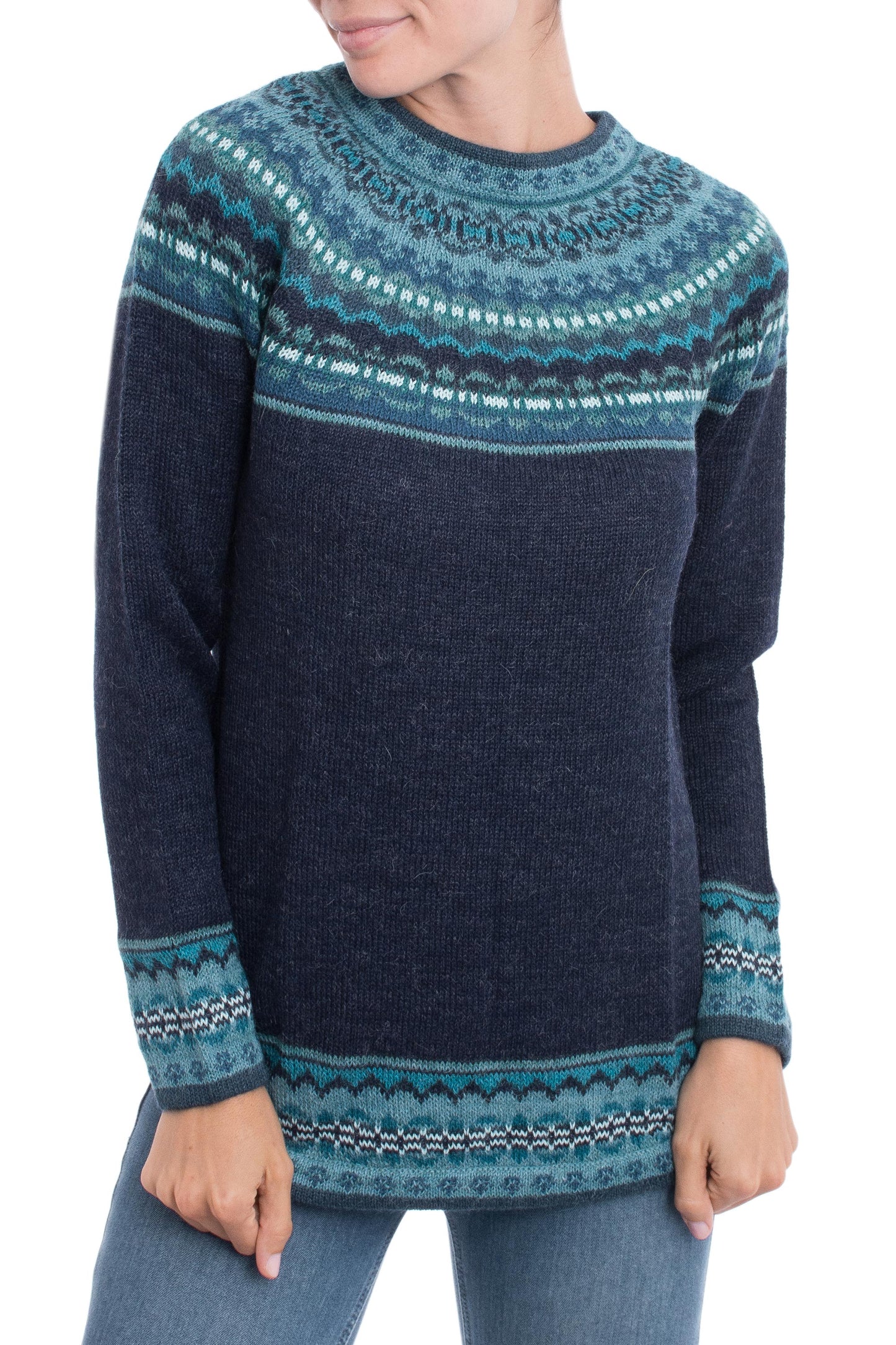 Playful Navy Blue Navy Blue 100% Alpaca Pullover Patterned Peruvian Sweater