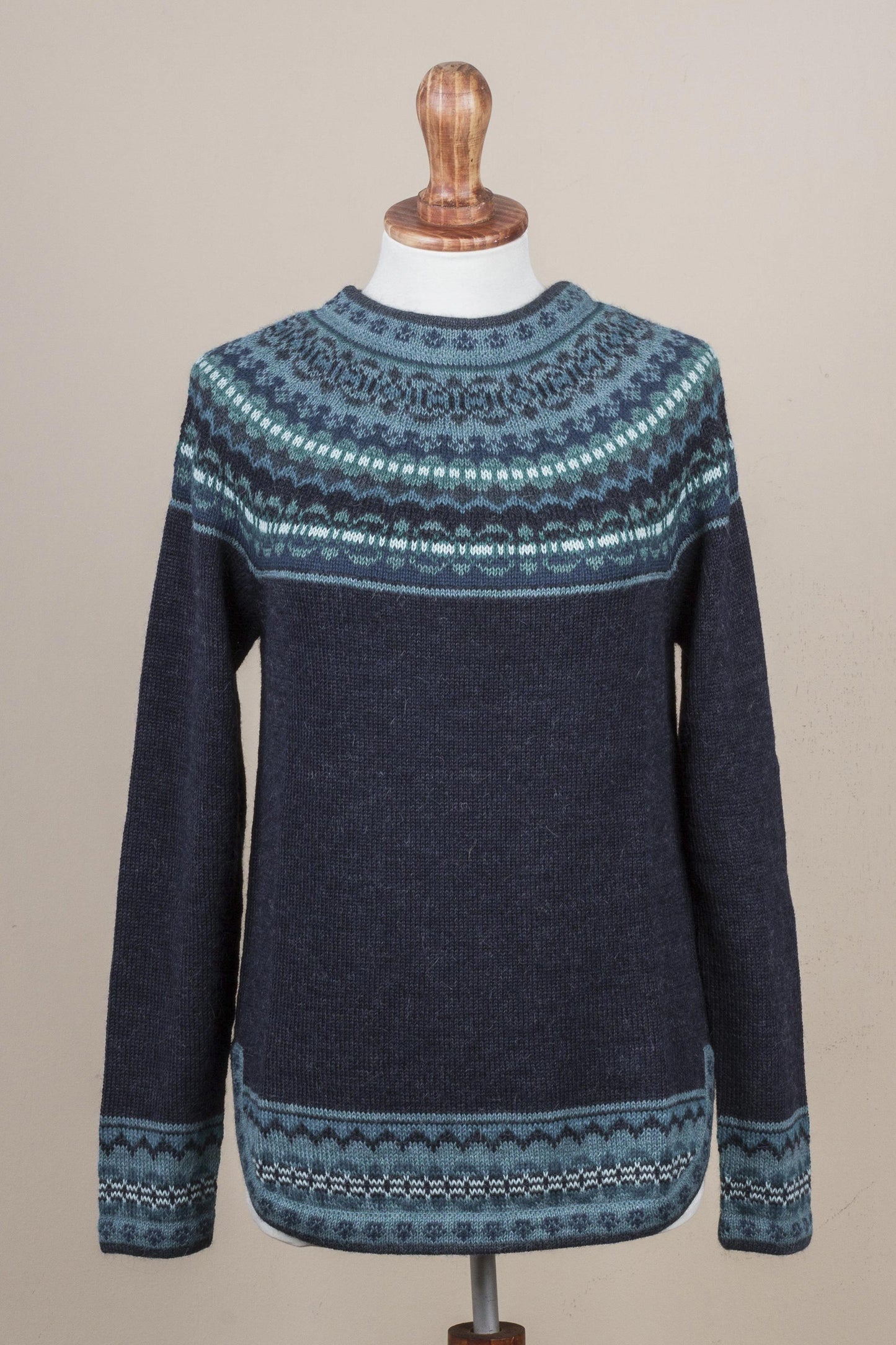 Playful Navy Blue Navy Blue 100% Alpaca Pullover Patterned Peruvian Sweater