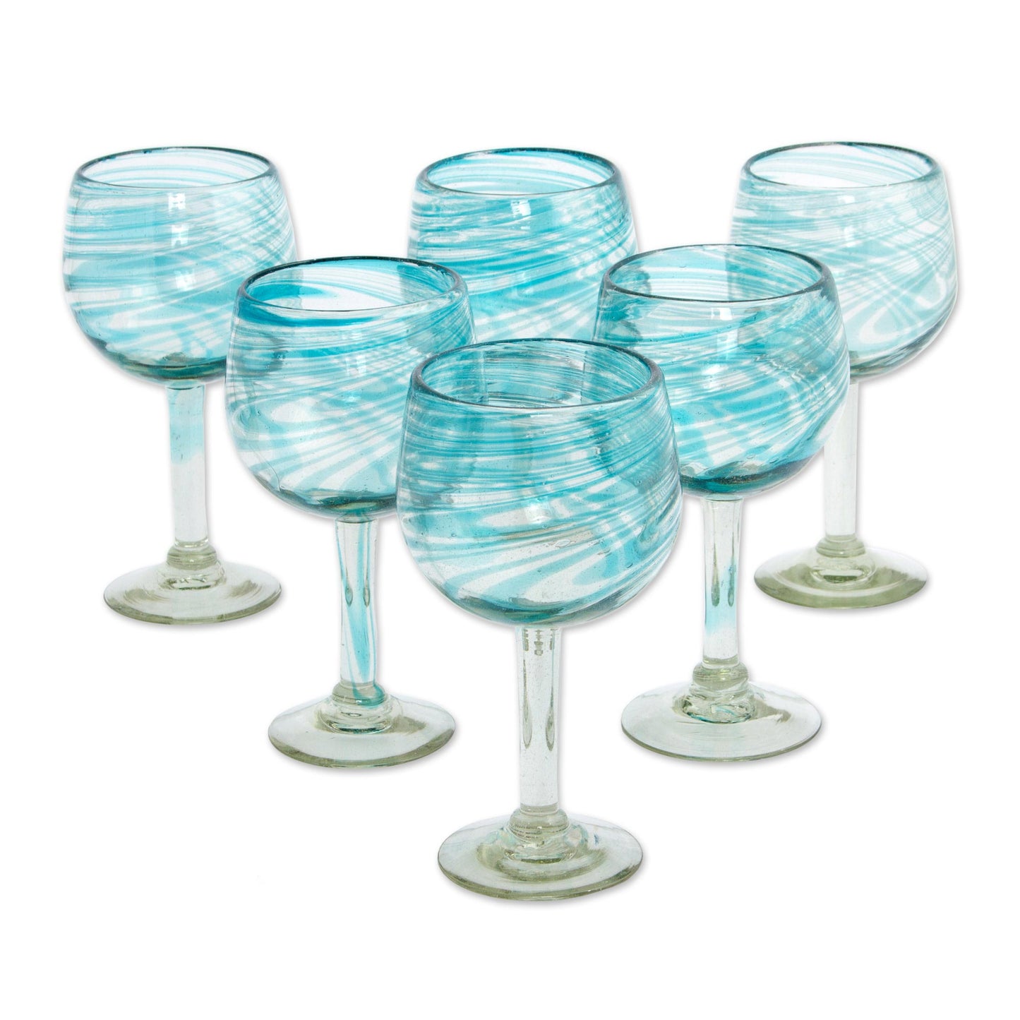 Elegant Aqua Swirl Set of 6 Recycled Hand Blown Aqua Wine Glasses from Mexico