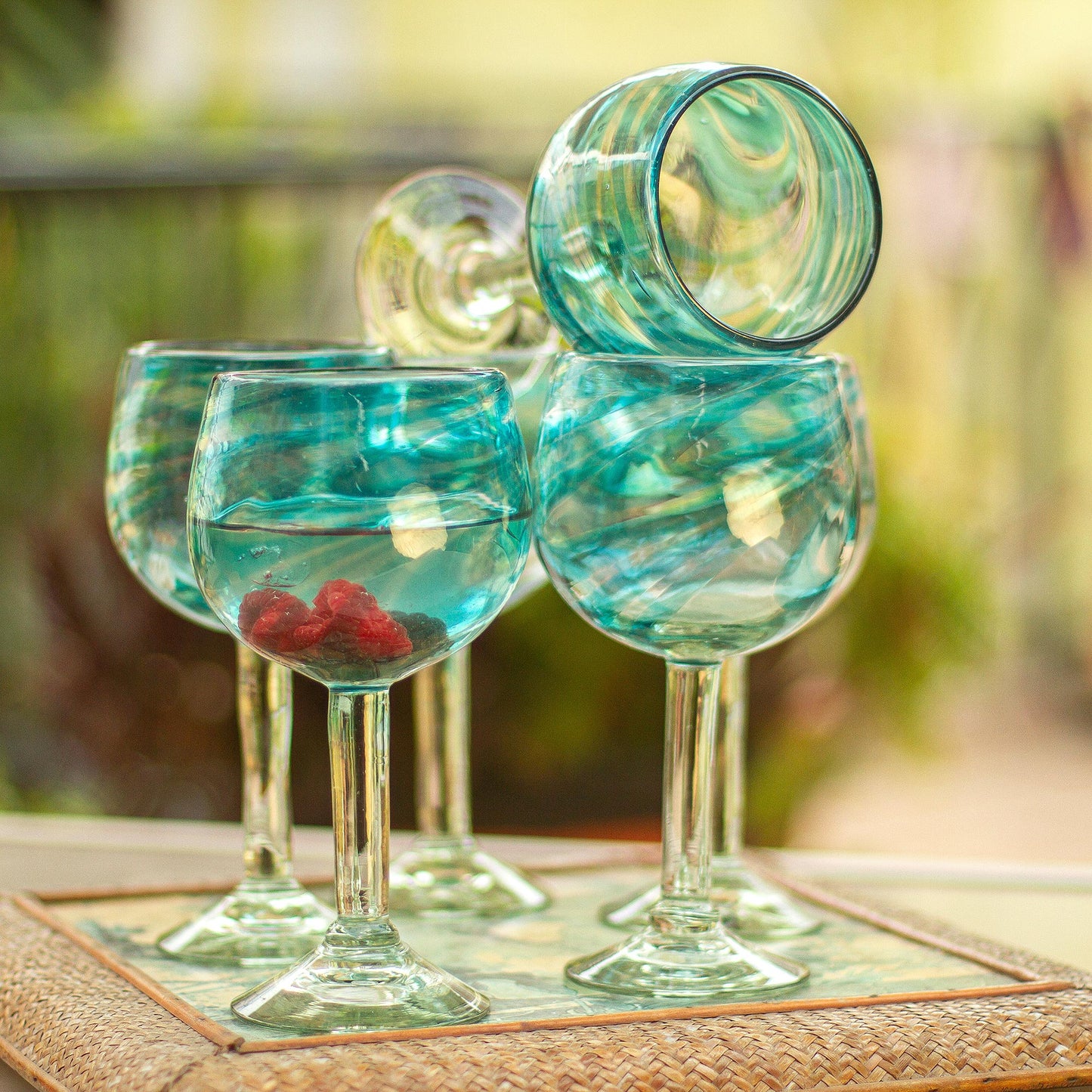 Elegant Aqua Swirl Set of 6 Recycled Hand Blown Aqua Wine Glasses from Mexico