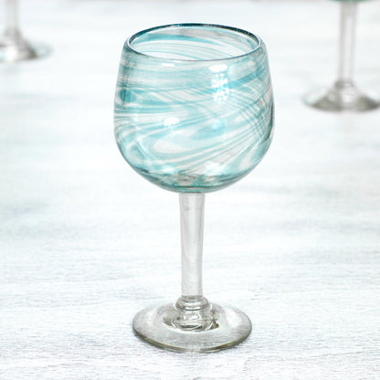 Elegant Aqua Swirl Set of 6 Recycled Hand Blown Aqua Wine Glasses from Mexico