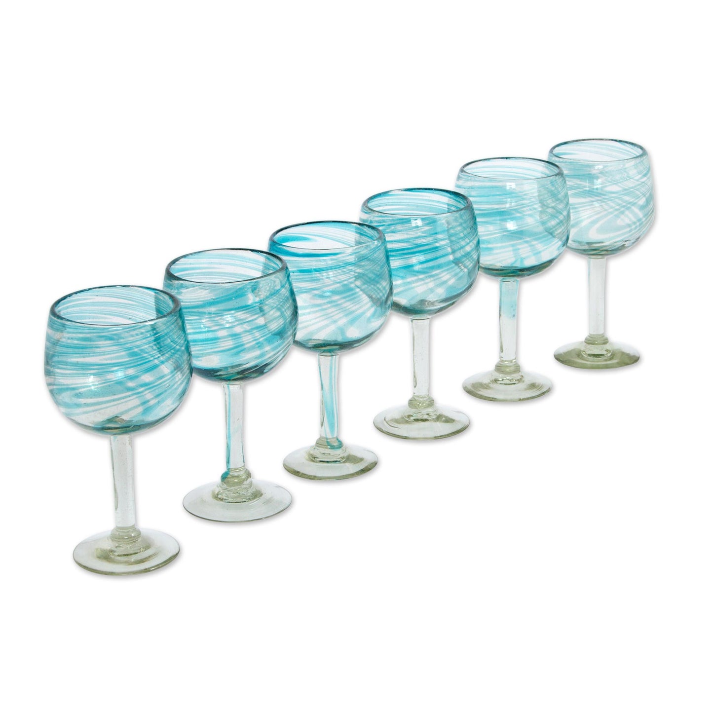 Elegant Aqua Swirl Set of 6 Recycled Hand Blown Aqua Wine Glasses from Mexico