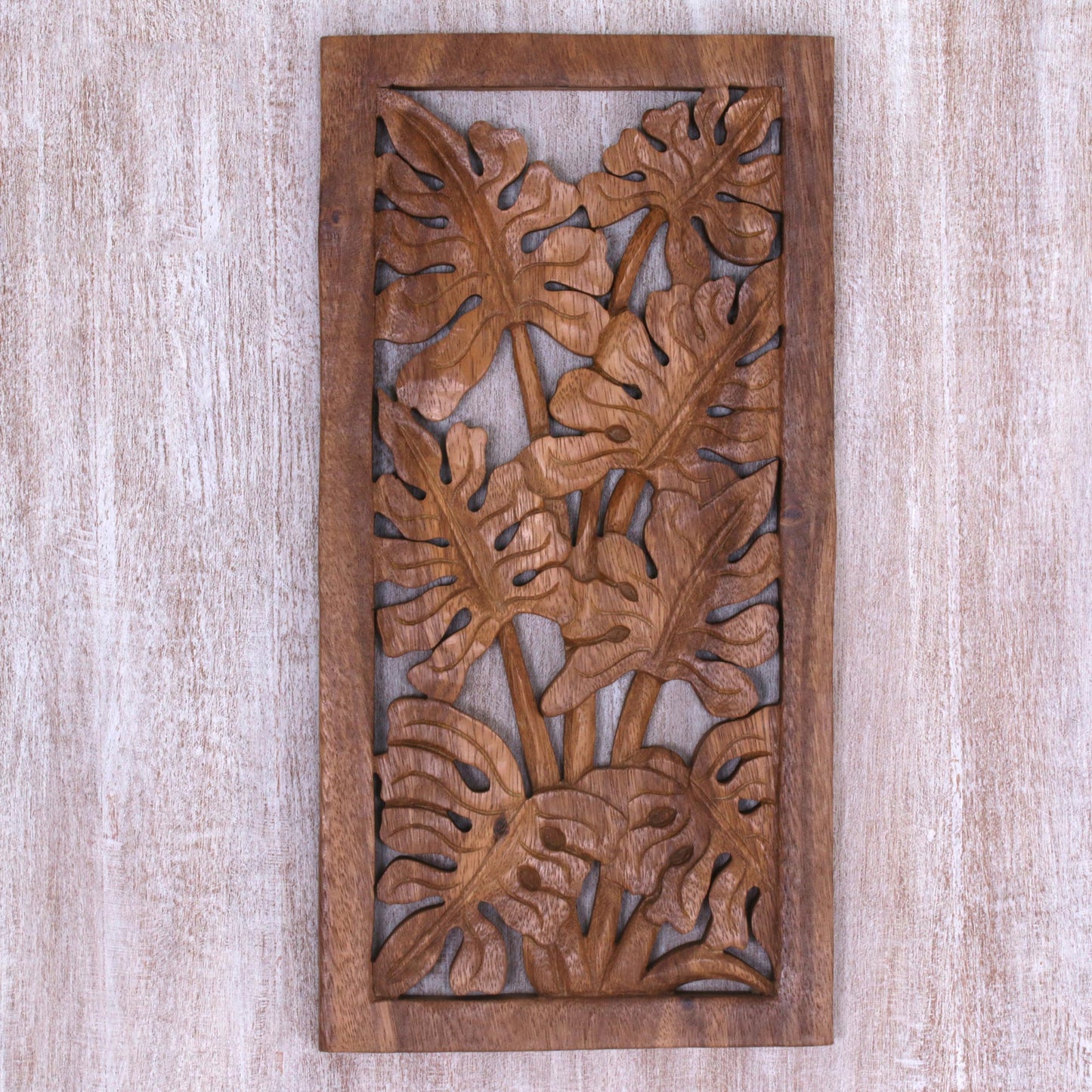 Philodendron Leaves Hand Carved Leafy Wood Wall Relief Panel from Indonesia