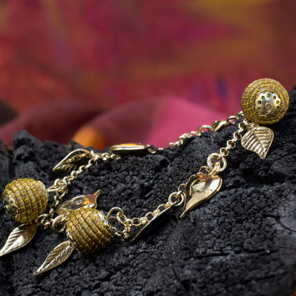 Natural Friend Heart Leaf Beehive Charms on Gold Plated Brazilian Bracelet