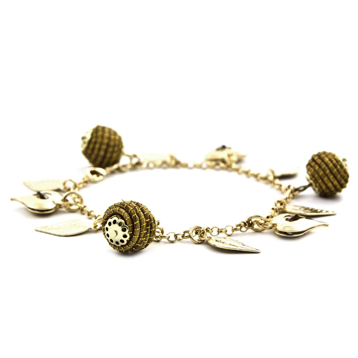 Natural Friend Heart Leaf Beehive Charms on Gold Plated Brazilian Bracelet