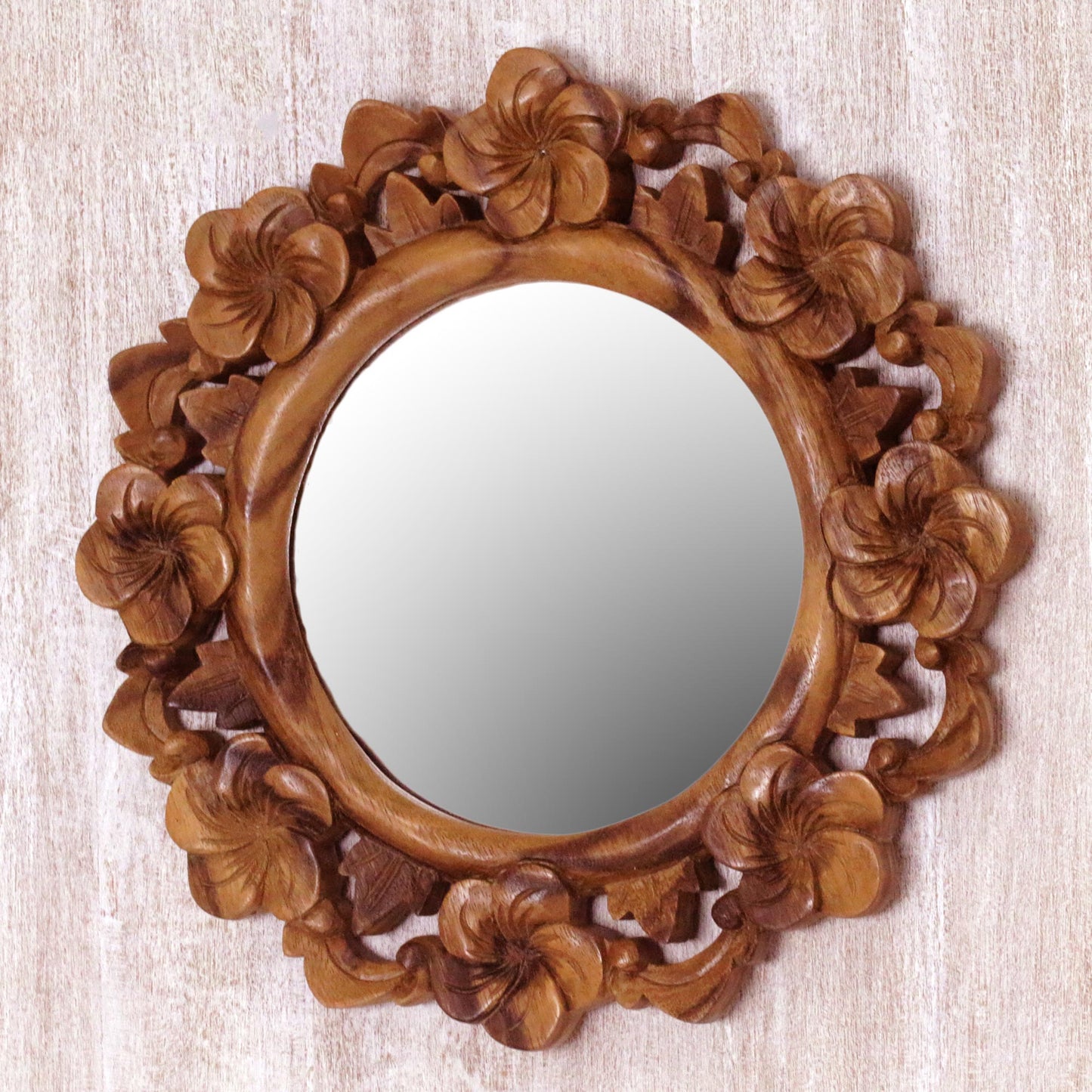 Jepun Reflection Hand Carved Natural Wood Balinese Floral Wall Mirror