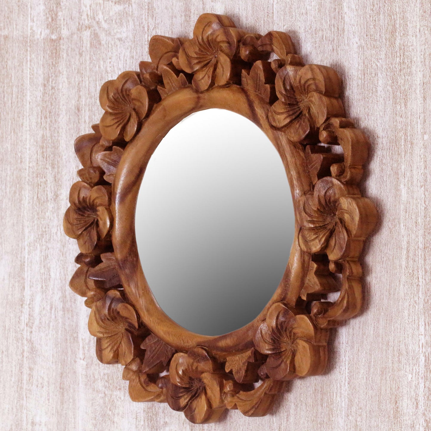 Jepun Reflection Hand Carved Natural Wood Balinese Floral Wall Mirror