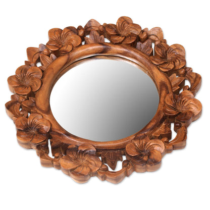 Jepun Reflection Hand Carved Natural Wood Balinese Floral Wall Mirror