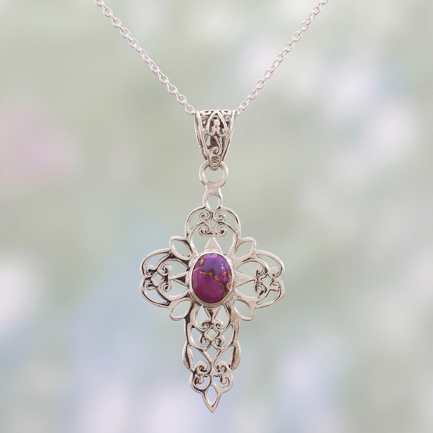 Christian Wish Purple Composite Turquoise Sterling Silver Cross Necklace