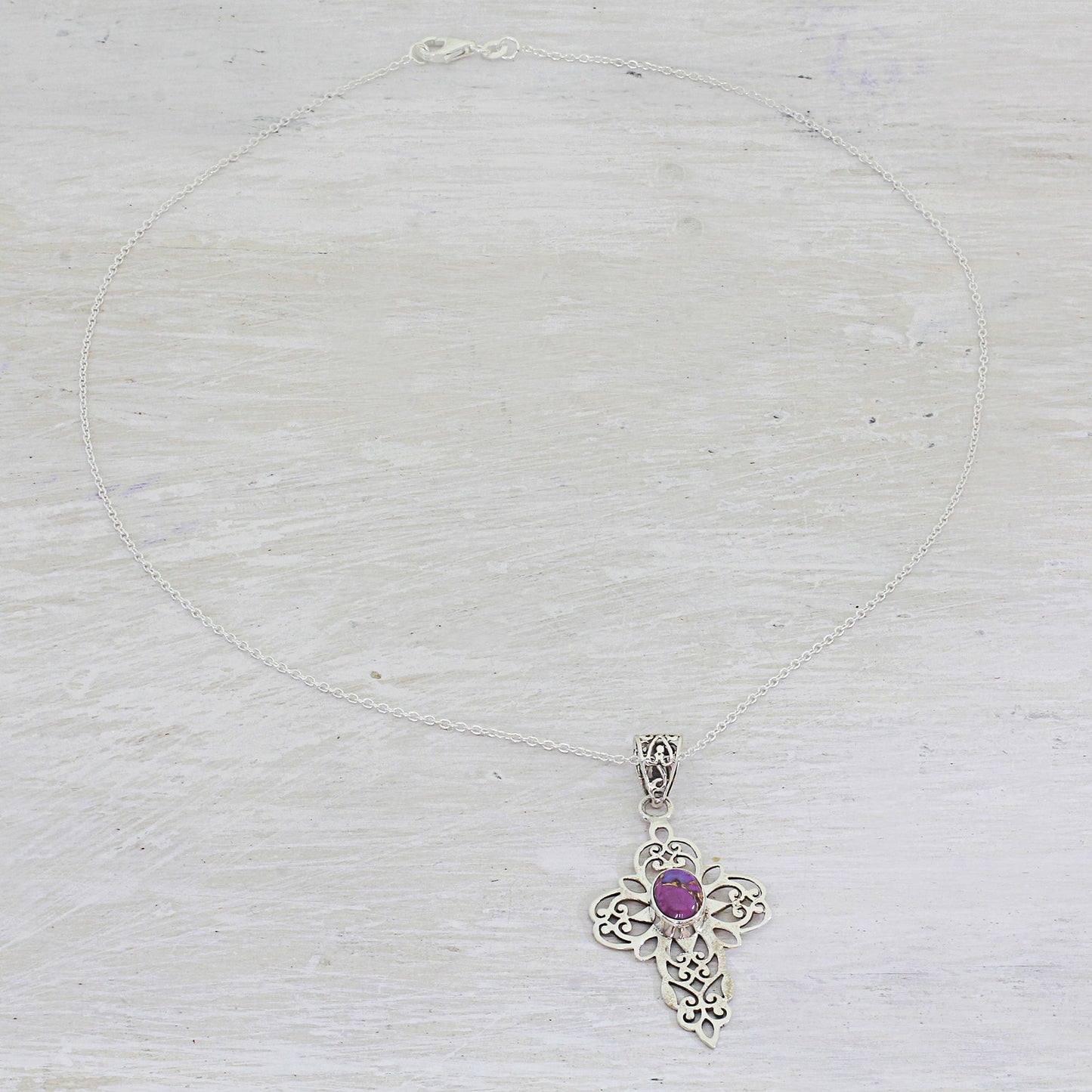 Christian Wish Purple Composite Turquoise Sterling Silver Cross Necklace