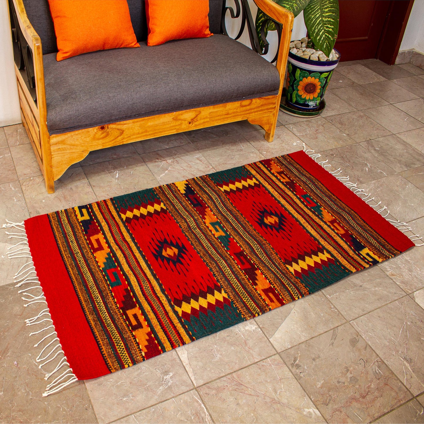 Double Diamond Red Geometric Wool Rug from Mexico (2.5x5)