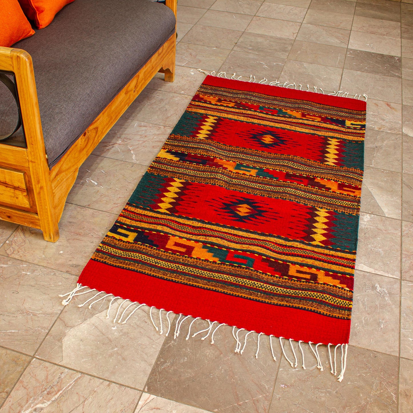 Double Diamond Red Geometric Wool Rug from Mexico (2.5x5)