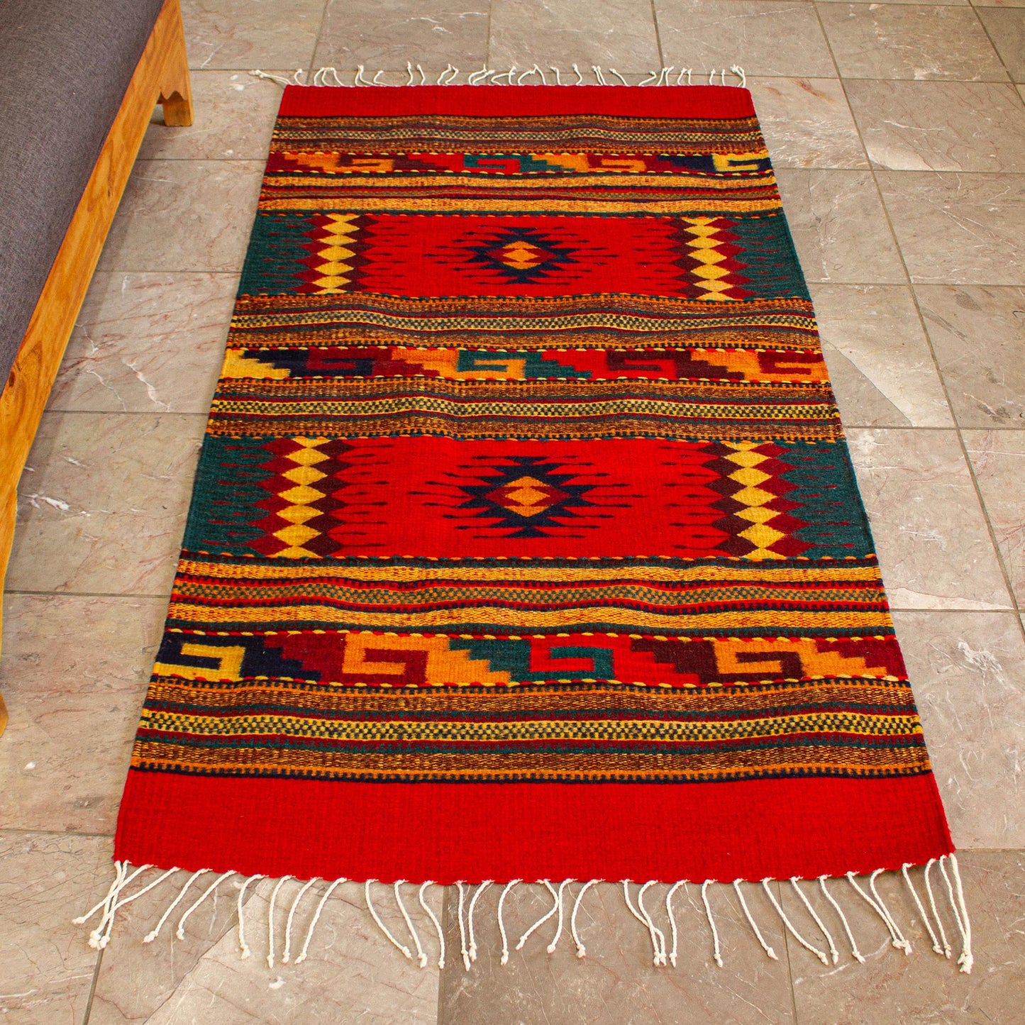 Double Diamond Red Geometric Wool Rug from Mexico (2.5x5)