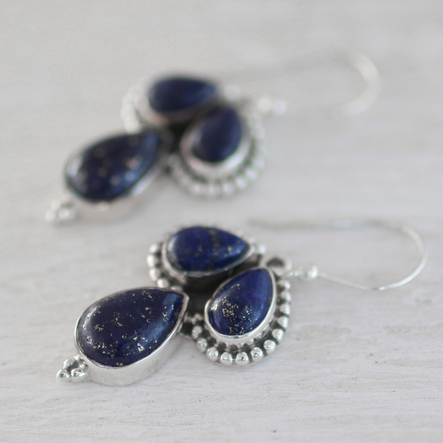 Droplet Trios Lapis Lazuli and Sterling Silver Dangle Earrings from India