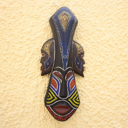 Glorious Work Beaded Wood Three Faced African Wall Mask Crafted by Hand