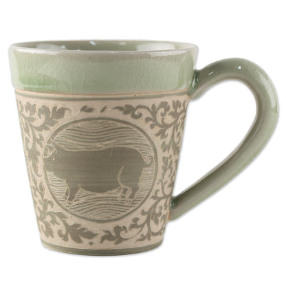 Thai Zodiac Pig Celadon Glazed Ceramic Mug with Pig from Thailand