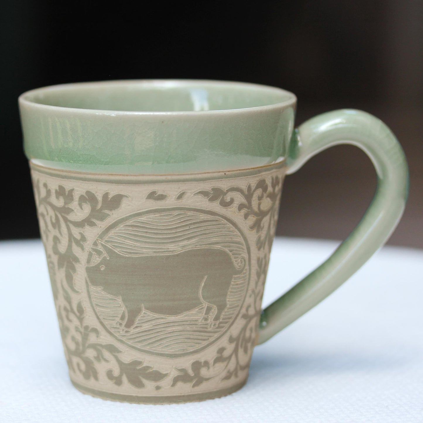 Thai Zodiac Pig Celadon Glazed Ceramic Mug with Pig from Thailand