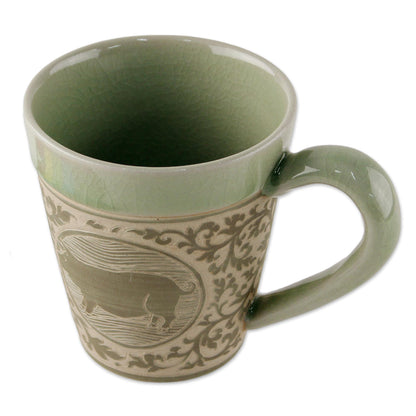 Thai Zodiac Pig Celadon Glazed Ceramic Mug with Pig from Thailand